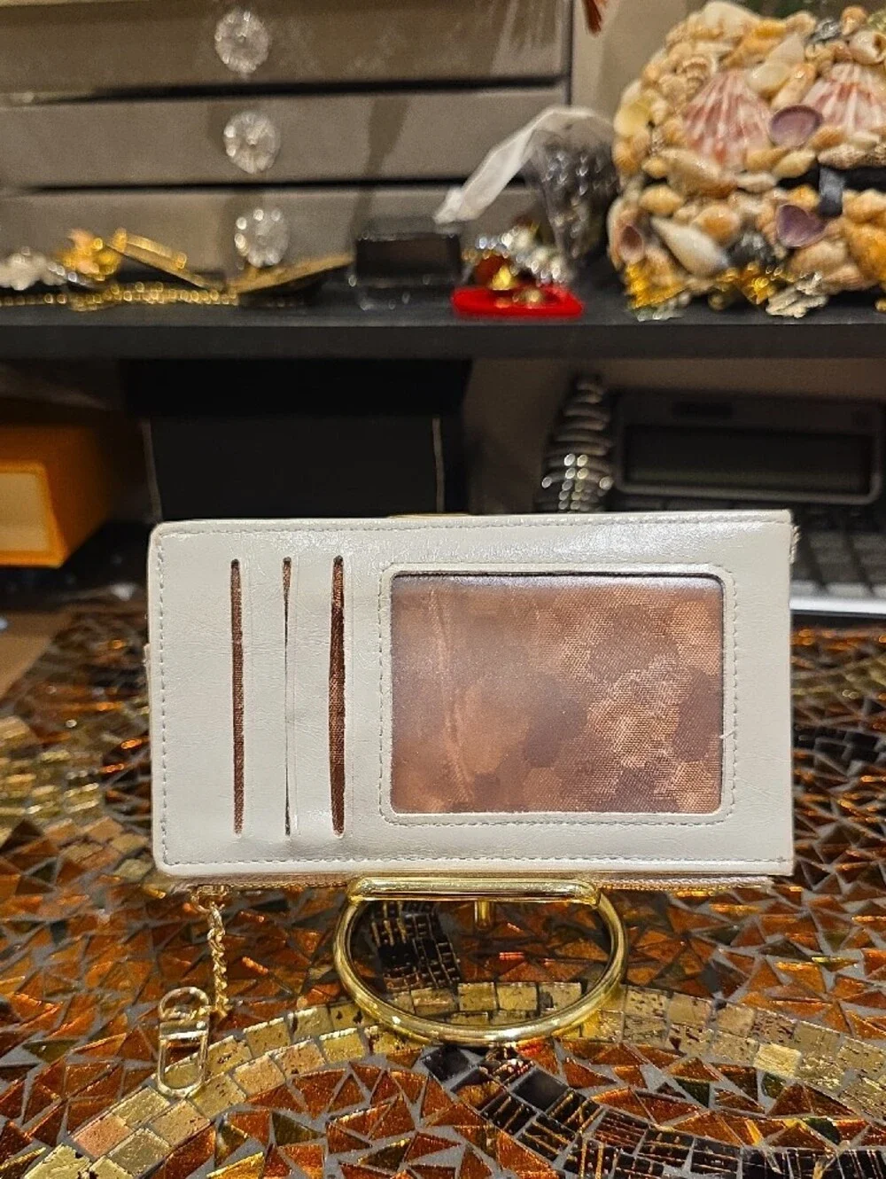 Elegant Cream Phone Wallet Case with Card Slots and Chain Strap
